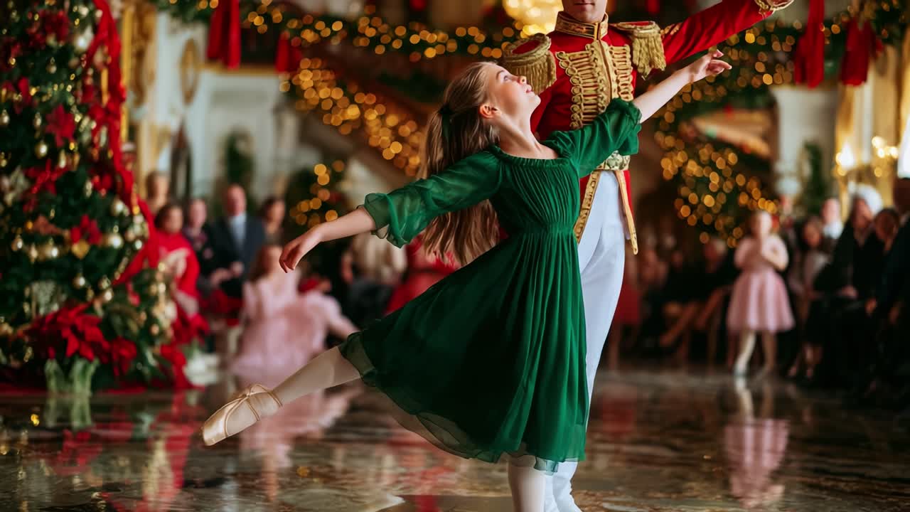 A Captivating Dance Performance Showcases a Young Ballerina in a Stunning Green Dress, Set Against a Beautifully Decorated Holiday Venue with Festive Lights and Decorations