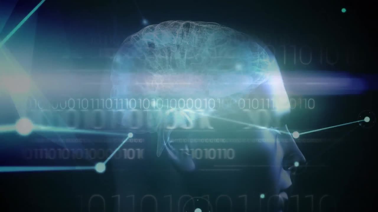 인간 머리 모델과 파란색 배경의 바이너리 코딩 데이터 처리에 대한 연결 네트워크