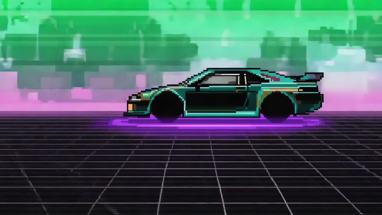 Pixel Art Car in Retro Synthwave Landscape