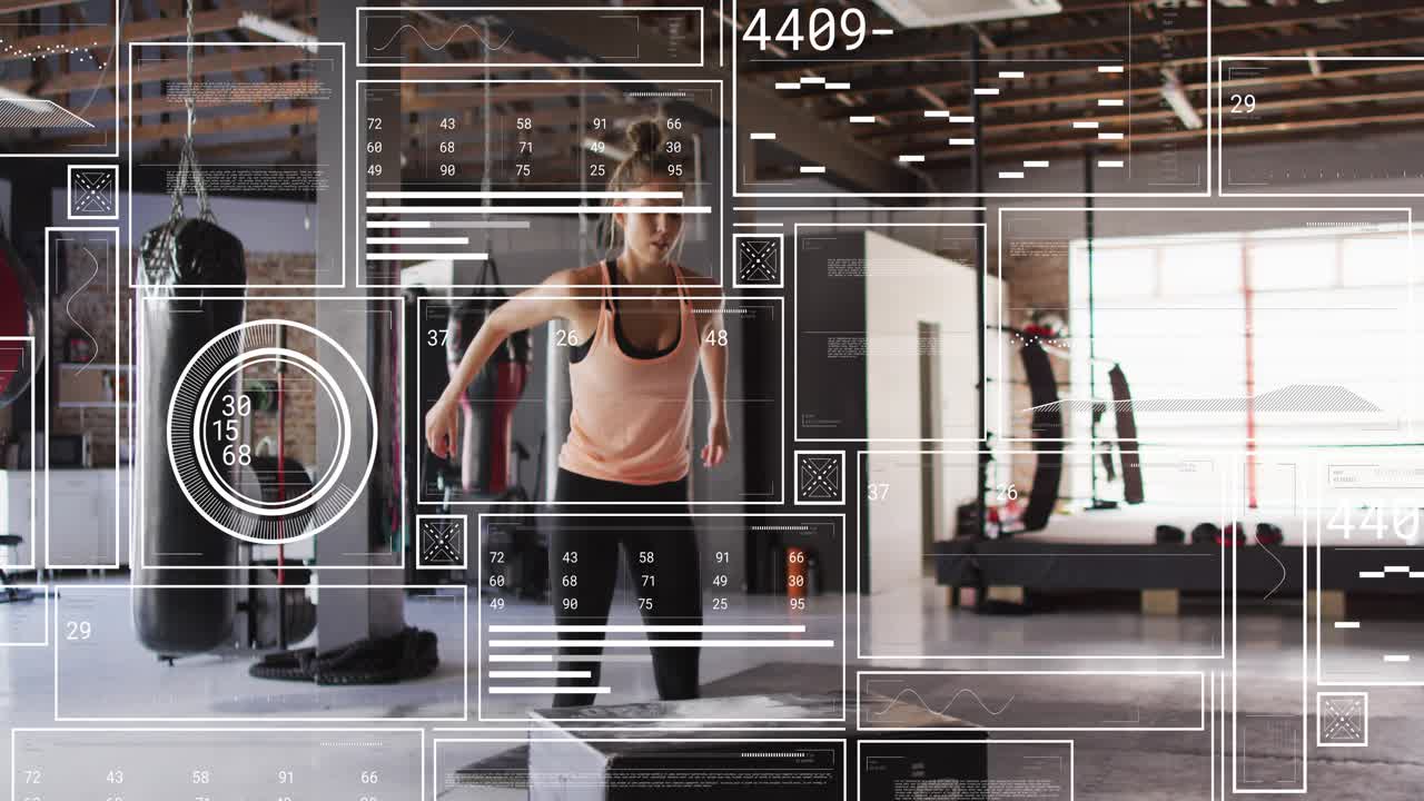 Woman placing foot on plyo doing step-ups and knee-drives ending neutral while HUD tracking fitness