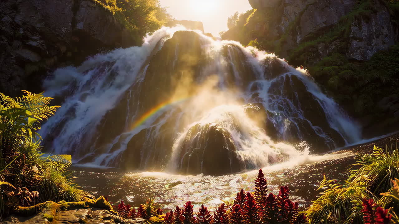 Majestic Waterfall Under Golden Sunrise