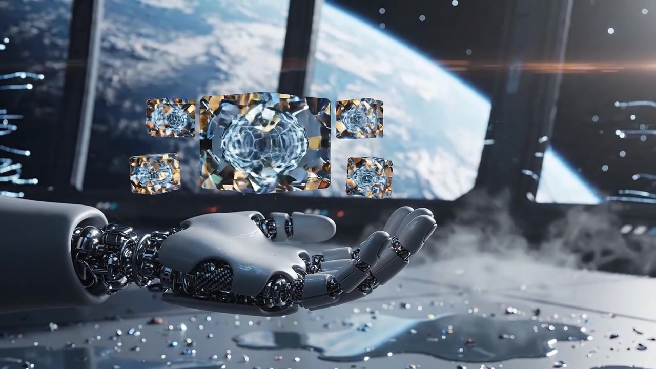 A futuristic robotic hand delicately holds a translucent cube, illuminated in a high-tech environment, showcasing advanced technology and creativity in a cosmic setting.