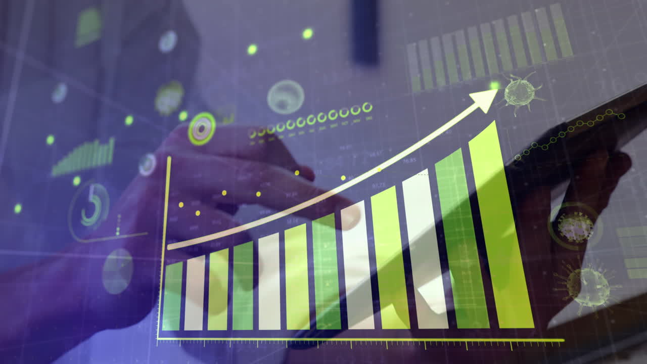 interfaz digital con el procesamiento de datos de covid-19 contra la sección media del médico que usa tableta digital