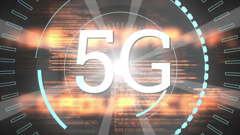 Animation-Von-5g-über-Orangefarbener-Datenverarbeitung-Auf-Schwarzem-Hintergrund