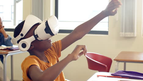 in classroom, african american boy using vr headset, exploring virtual world, at school