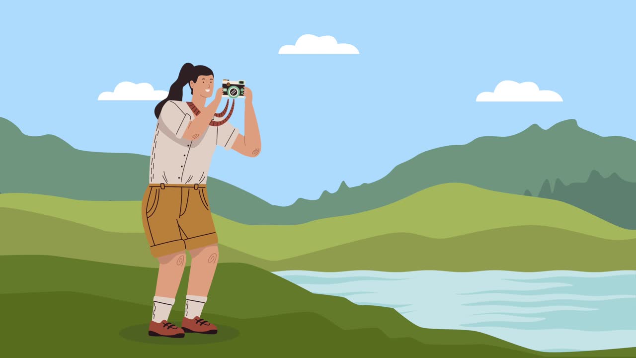 female camper with photographic camera animation
