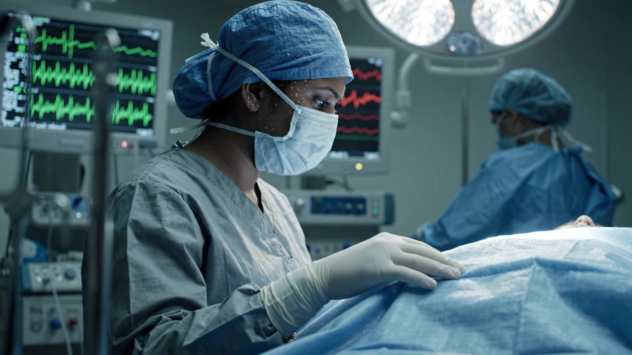Focused Surgeon in Operating Room, Wearing Scrubs and Mask, Attending to Patient Under Surgical Light during Operation with Medical Equipment and Monitors Visible