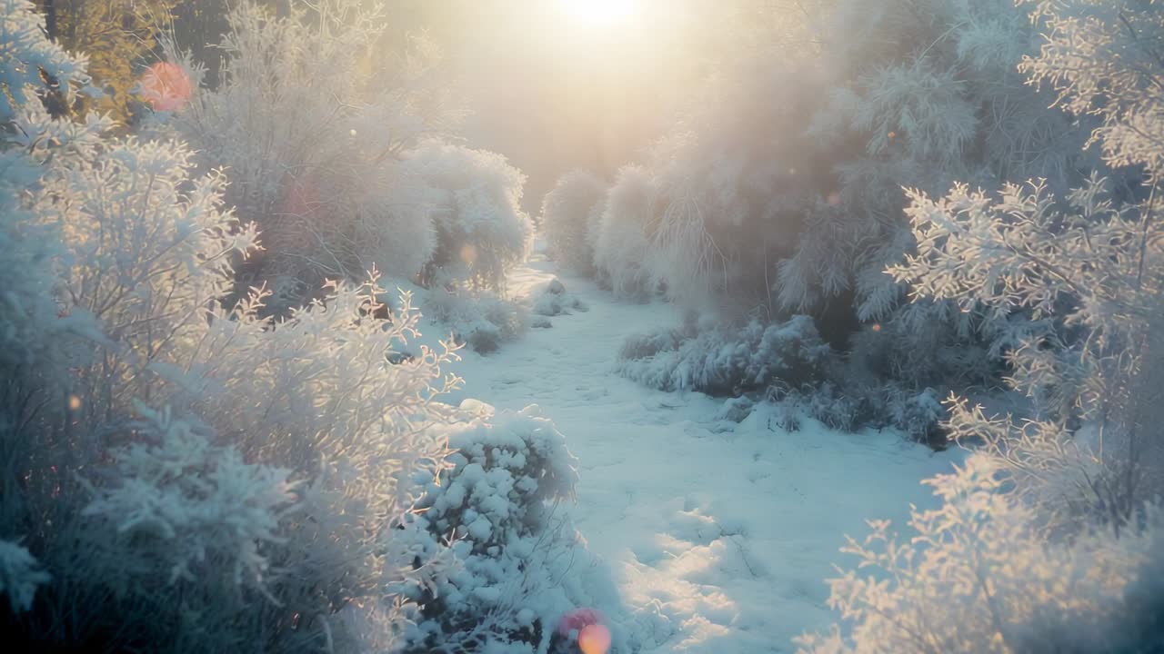Dawn sparking camera gliding along snowy trail in frosted glade, showing lens flares, ice particles