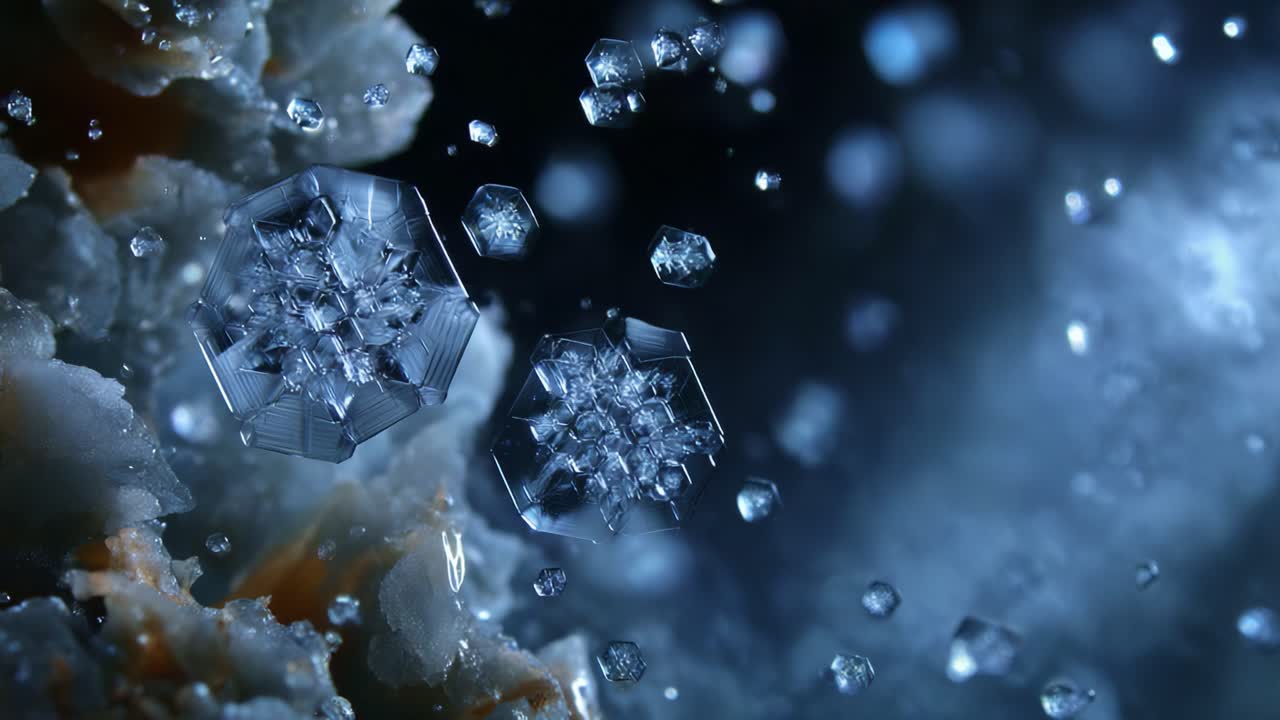 Captivating Snowflakes: A Close-Up Exploration of Intricate Snow Crystal Structures and Ice Formations in a Stunning Blue Atmospheric Background