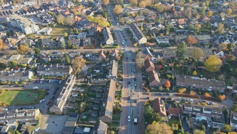 aerial of a beautiful rural town on a sunny autumn day