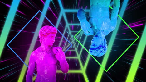 animation of glowing neon mesh and ancient sculptures over black background