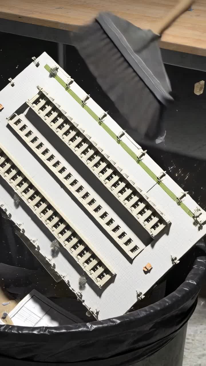 Vertical video: Sweeping as broom hitting model, worker clearing model into lined bin tidying bench