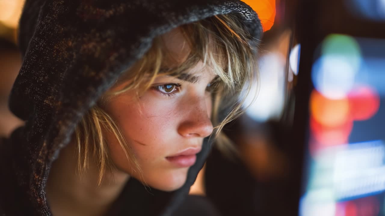 A Thoughtful Young Individual Deep in Concentration, Surrounded by the Glow of Screen Lights, Captured in Two Frames Showing Intricacy of Emotion and Focus
