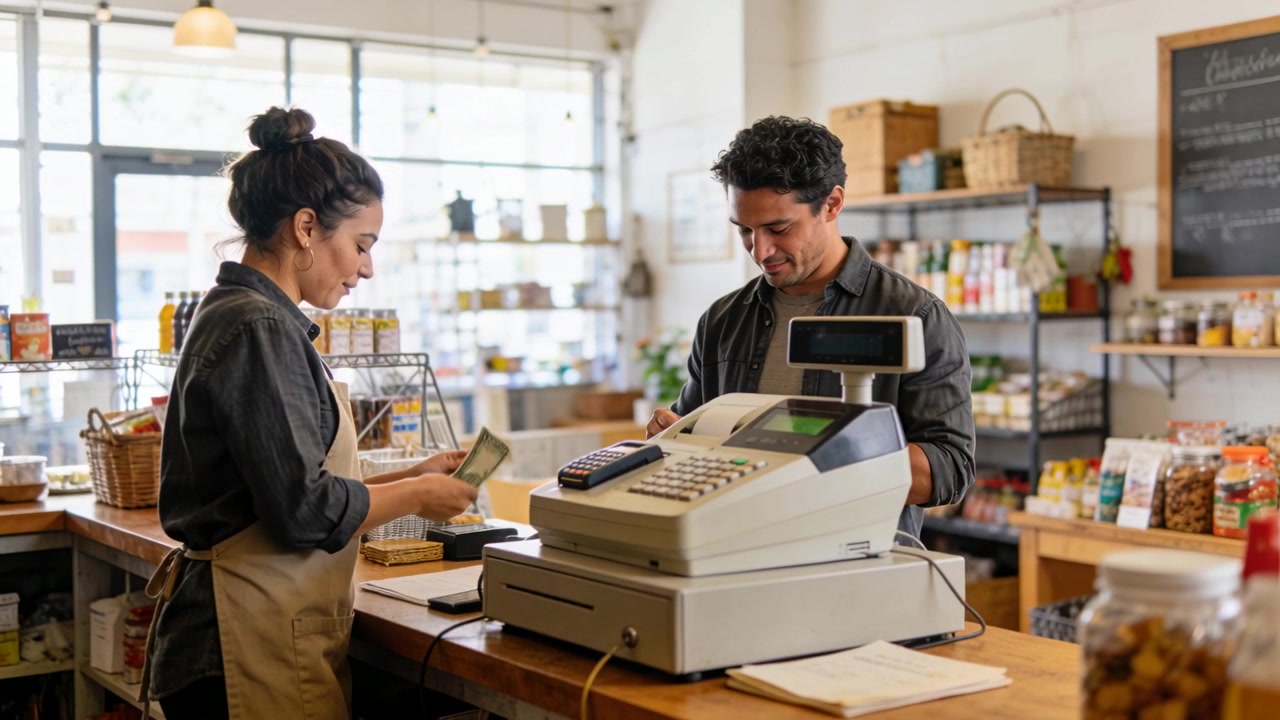 Allungando la mano verso lo scanner, un cassiere con grembiule scansiona, mentre un cliente con maglietta scura tocca il lettore di carte, pagando.