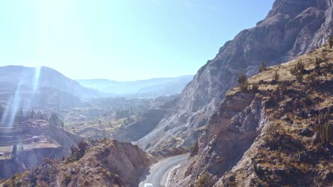 Maca-District-Aerial-Shot,-Peña-Blanca-Tunnel,-Colca-Valley-Route