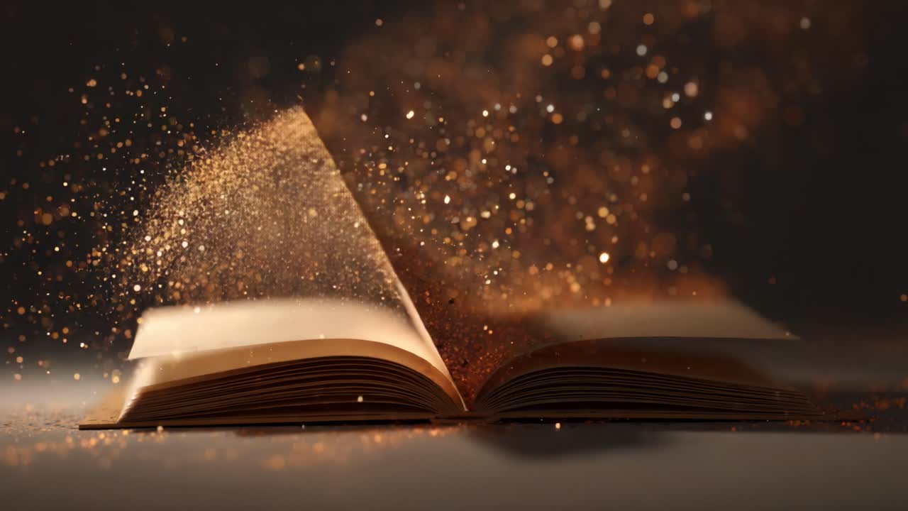 An enchanting moment captured as an open book radiates magic, sparkles, and shimmering dust, evoking imagination and creativity in a transformative narrative experience