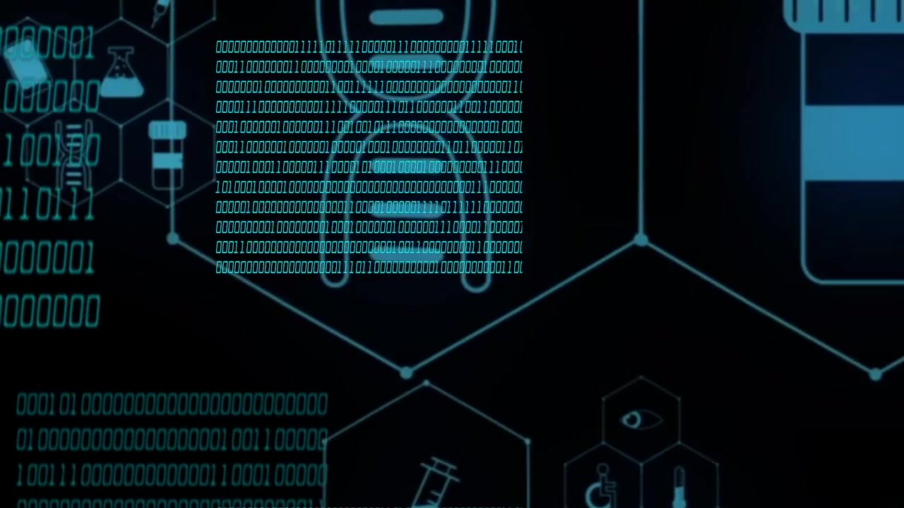 Hex grid lighting up initiating medical network, medical icons sliding, nodes pulsing, showing data