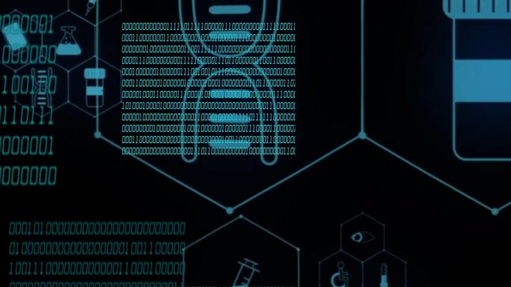 Hex grid lighting up initiating medical network, medical icons sliding, nodes pulsing, showing data