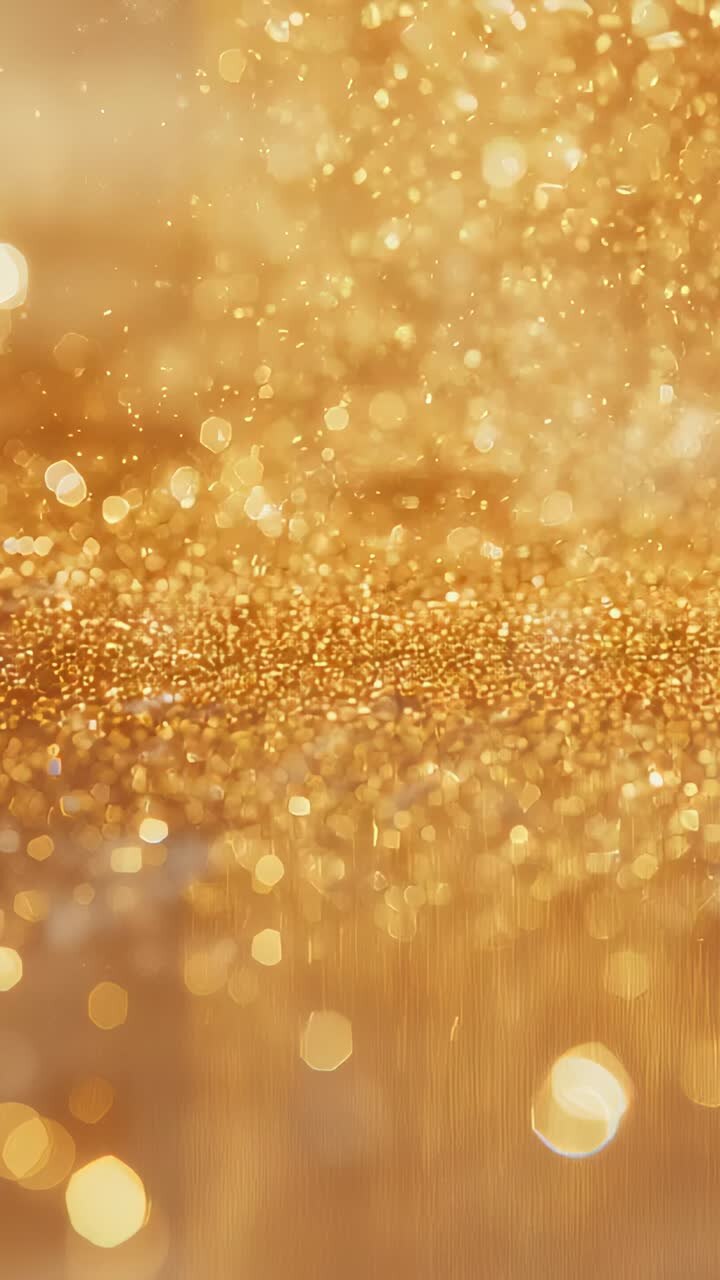 Vertical video: Starting golden curtain falling onto studio surface, creating pile and warm bokeh