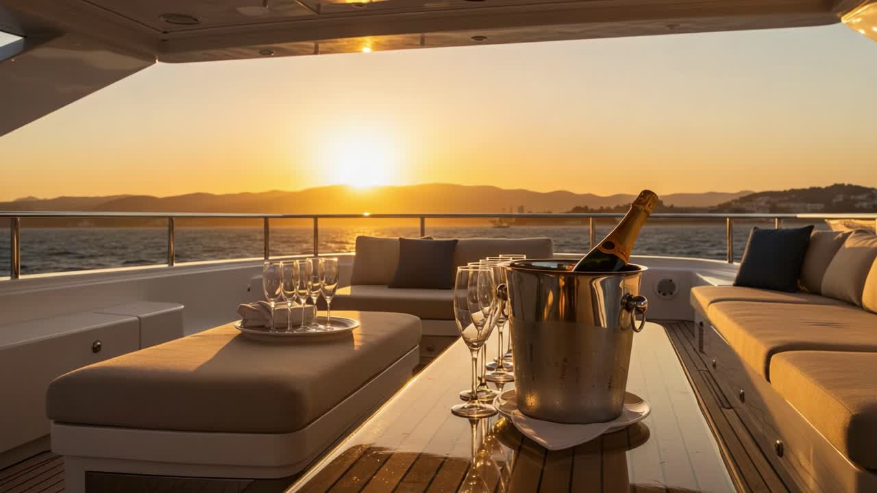 A Serene Luxury Evening on a Yacht: Enjoying Sunset Views with Sparkling Wine in an Exquisite Setting of Comfort and Relaxation