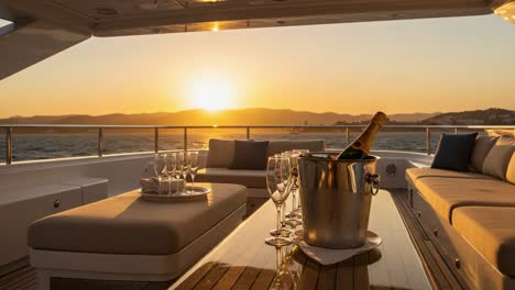 a serene luxury evening on a yacht: enjoying sunset views with sparkling wine in an exquisite setting of comfort and relaxation