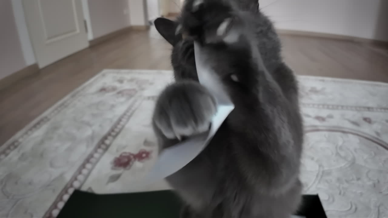 Primo piano di un gatto British Shorthair nero che gioca in casa