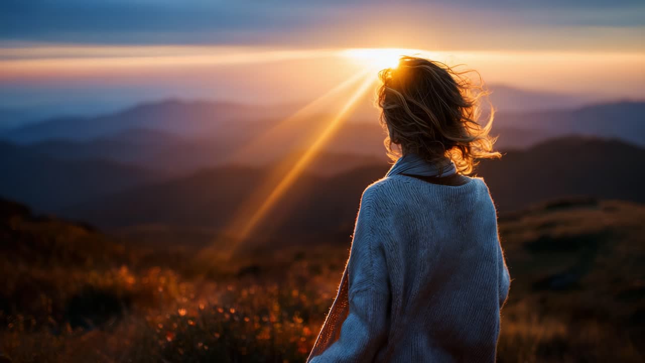 A serene moment captured as the sun sets on the horizon, casting a warm golden light over the tranquil landscape. The silhouette of a woman admires nature's beauty in this peaceful scene