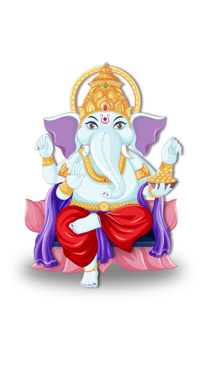 Un'illustrazione colorata a cartone animato di Ganesha appare gradualmente e si siede su un fiore di loto rosa.