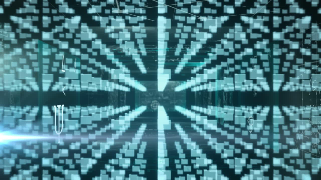 Animation of network of envelope icons and data processing over screen