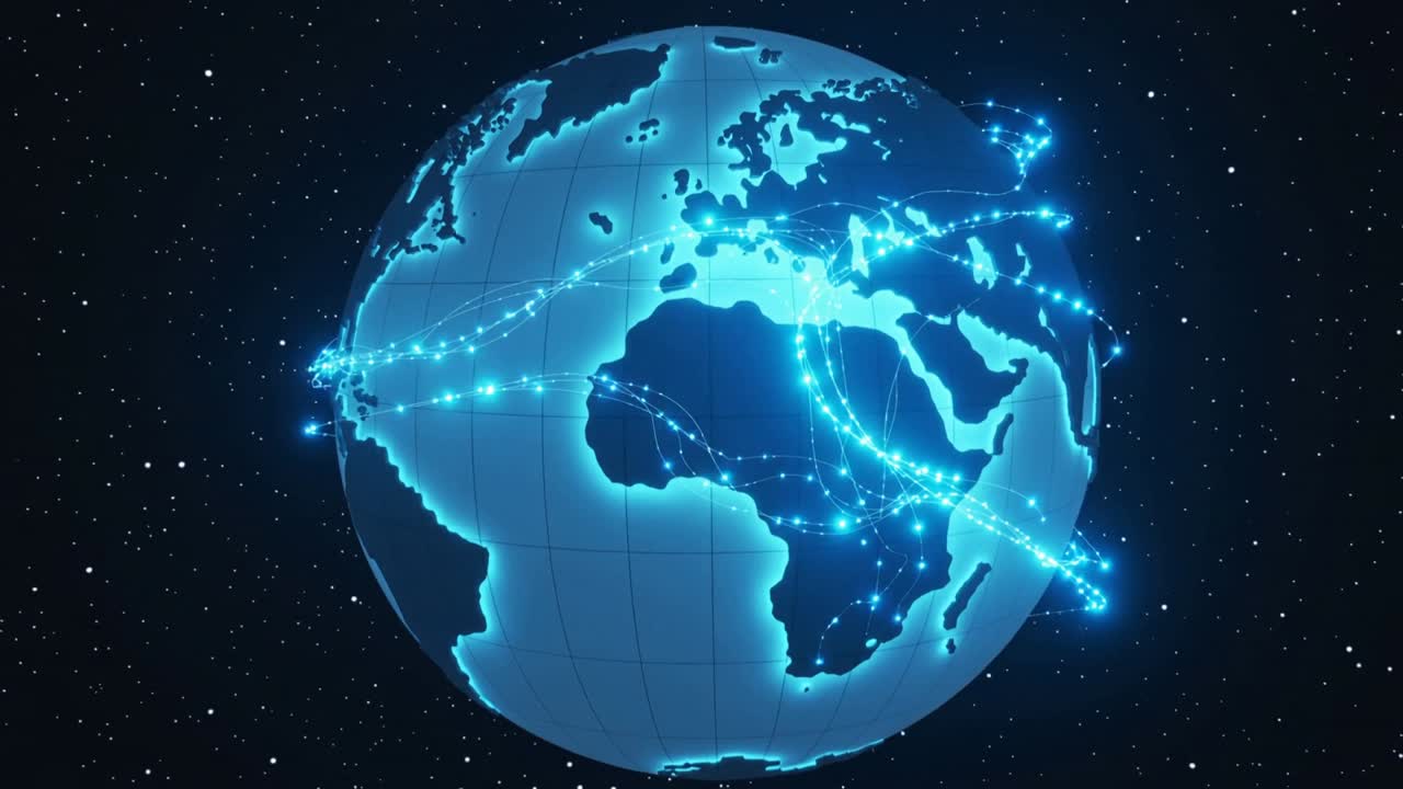 Přehrávání začíná, stylizovaný glóbus se otáčí a osvětluje uzly a oblouky, ukazující globální technologickou síť.
