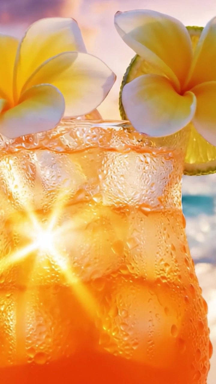 A Refreshing Tropical Cocktail with Vibrant Colors and Floral Accents, Perfect for Relaxation on a Sunny Beach at Sunset
