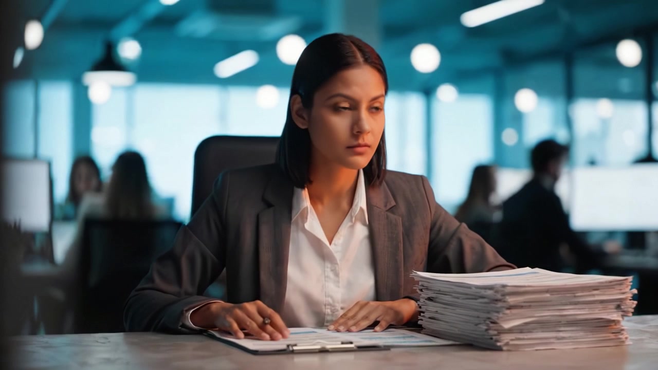 Focused Professional in Office Setting Analyzing Documents with Piles of Reports, Capturing the Essence of Determination and Productivity in a Modern Workspace