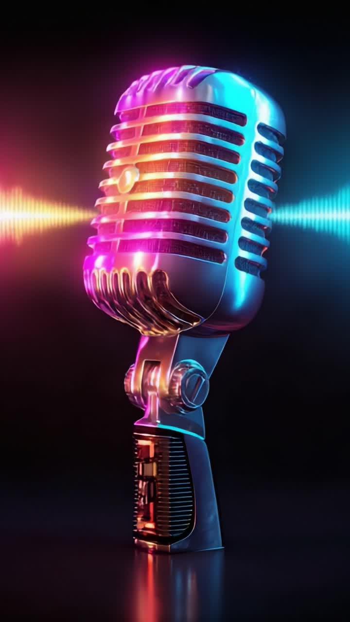 Microfono vintage dinamico con onde sonore vibranti che creano un'atmosfera da performance dal vivo di musica e creatività