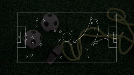 soccer strategy animation over field with balls, whistle, and training rope