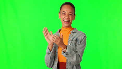 Excited,-winner-and-woman-clapping-on-green-screen