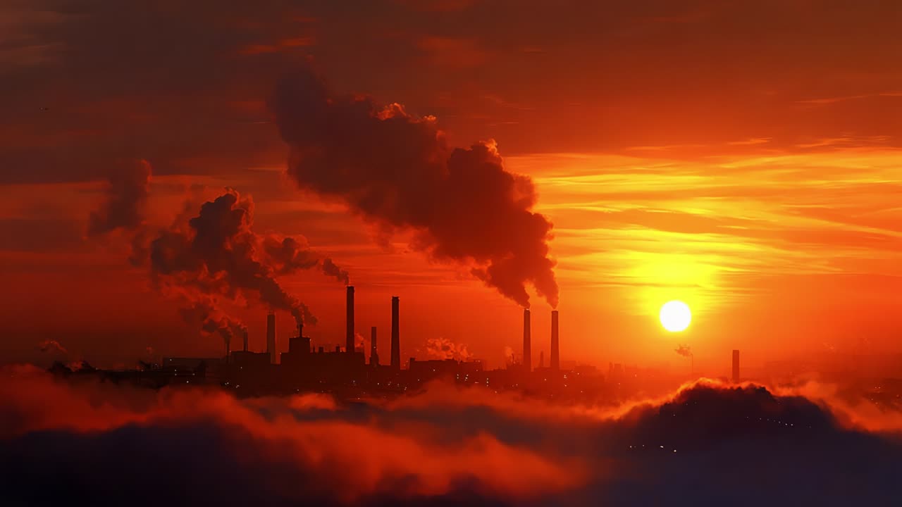Stunning Sunrise Over Industrial Landscape with Smoke Stacks Emitting Vivid Plumes Against a Backdrop of Orange and Purple Skies, Capturing the Striking Contrast Between Nature and Industry
