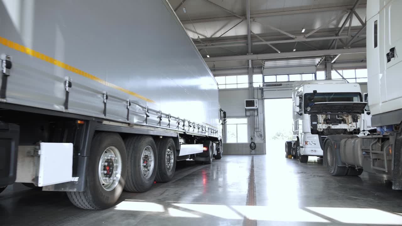 냉장고 트럭이 연간 운행을 위해 주유소로 들어갑니다.