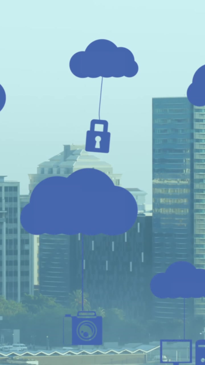 Animation of digital clouds with tech icons floating over cityscape