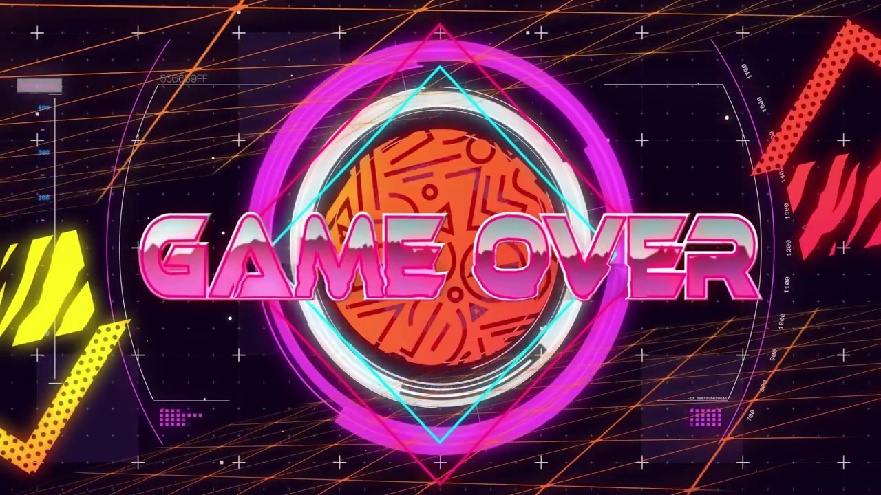 Retro fütüristik arayüzde, daire içinde parlayan neon pembe "GAME OVER" yazısı ve macenta halkalar.