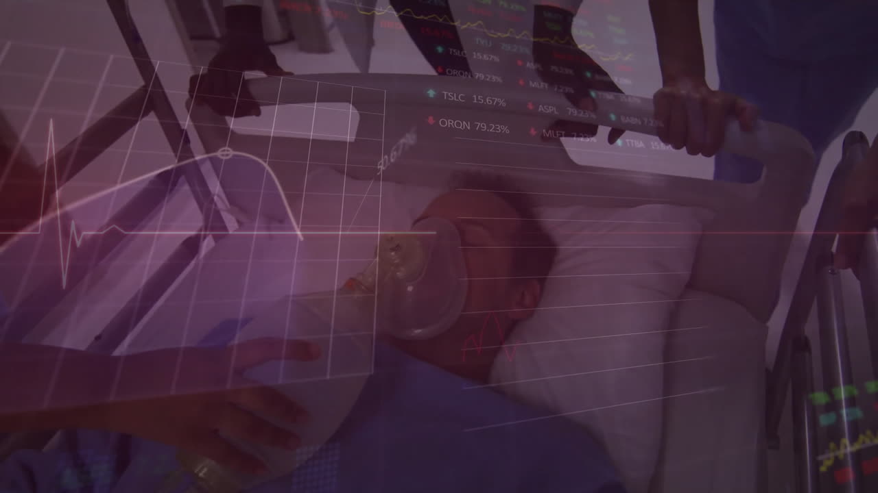 diversos médicos caminando con el paciente masculino en la cama con máscara de oxígeno sobre el cardiógrafo y los datos