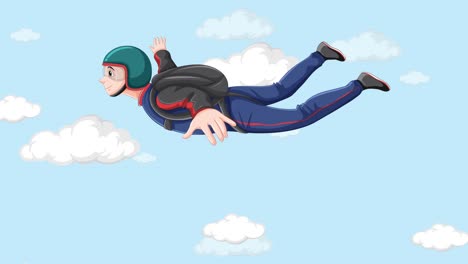 animated skydiver freefalling among fluffy clouds