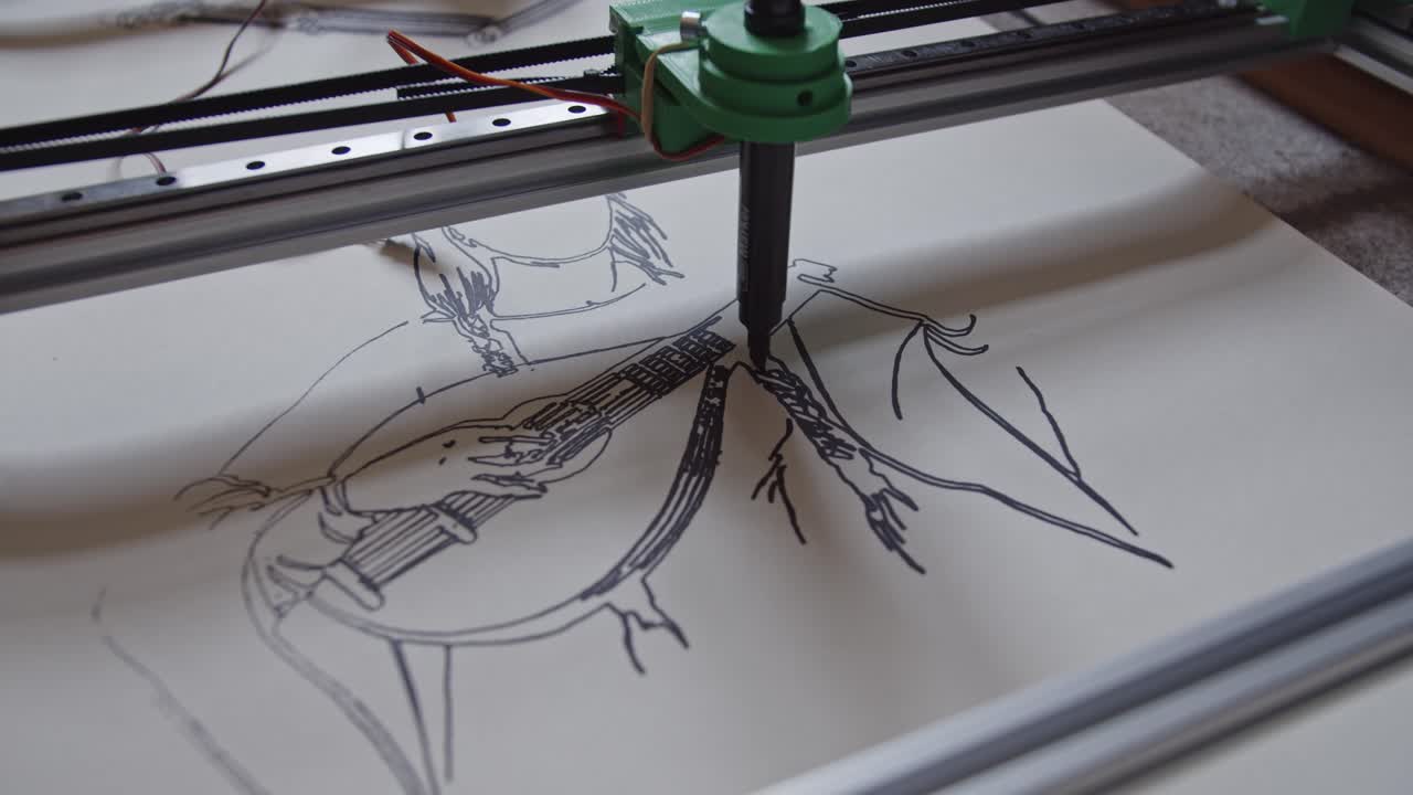 Drawing a Girl Playing Guitar on Paper With Plotter Closeup