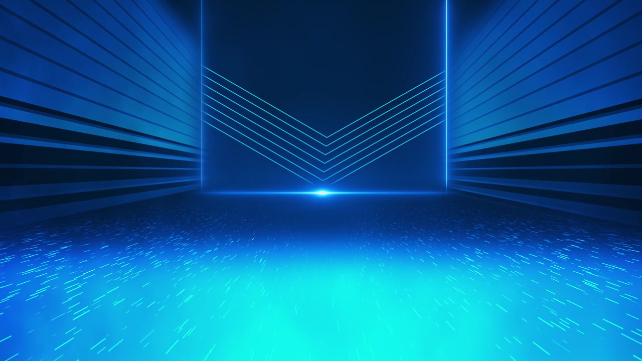 Cyan virtual tunnel stage background glowing perspective floor blue side walls flare technology