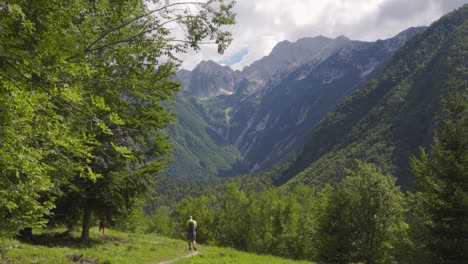 a hiker going down a hiking path in a meadow with a stunning alpine backdrop