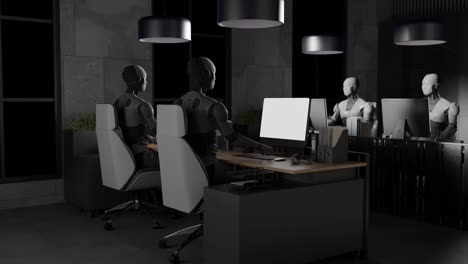 humanoid robots working at computer desks in modern office with purple lighting. artificial intelligence and automation in workplace concept. design for banner, poster, wallpaper