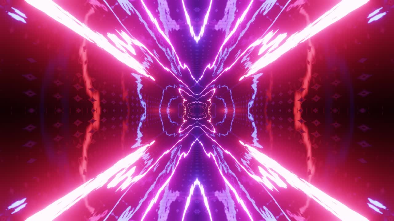 diseño de movimiento de bucle de fondo con luz de neón brillante. abstracto bg construcción brillante simétrica 3d. estructuras técnicas luminosas misteriosas. club nocturno vj. hi tech ciencia ficción tecnología moderna bg