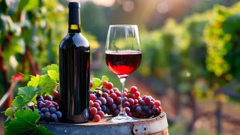 a bottle of red wine and a glass of wine on a barrel with grapes