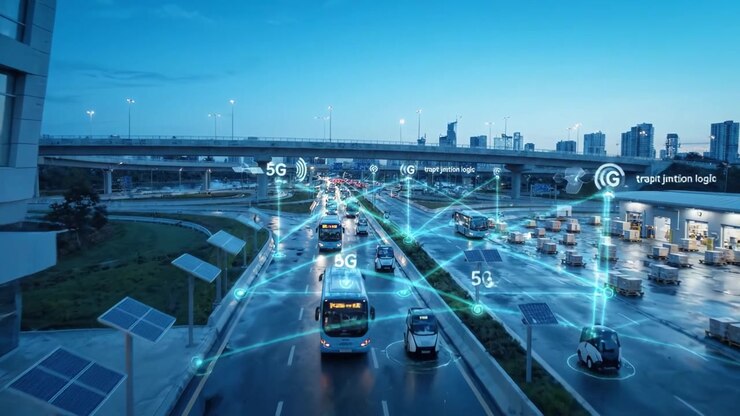 Scena urbana che mostra la tecnologia Smart City con connettività 5G e infrastrutture di monitoraggio del traffico in una moderna area metropolitana al tramonto.