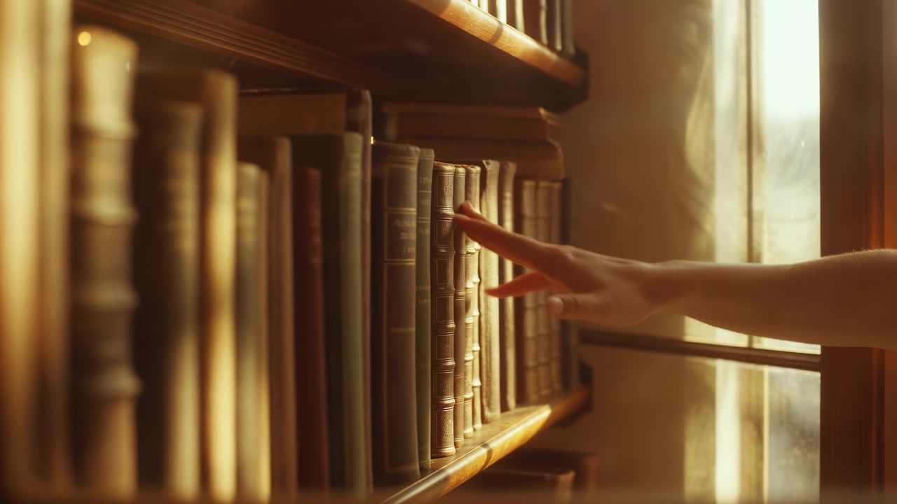A hand reaches toward books on a wooden bookshelf in a quiet library, with warm golden sunlight streaming through the background and soft shadows creating a