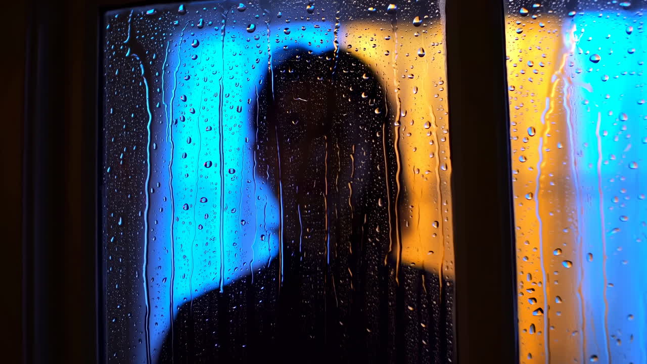 Mysterious Silhouette Behind Rainy Window with Blue and Orange Light